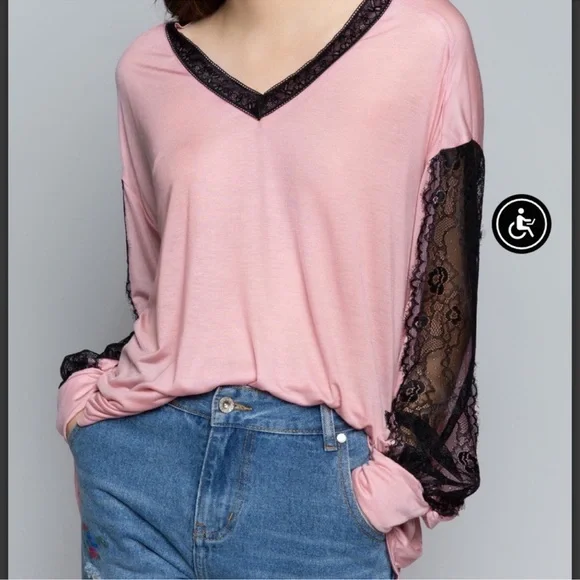 108. NWOT POL Pink Blouse with Black Lace Sleeves and Open Back Detail - Picture 2 of 7